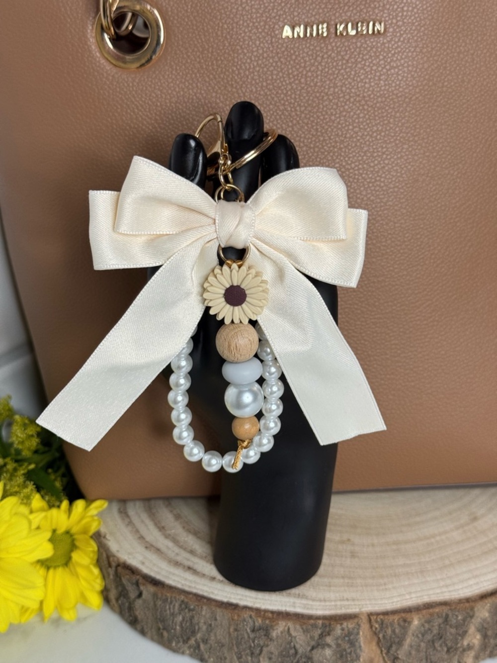 Ivory Satin Bow Keychain with Daisy & Pearl Beads, Beautiful Purse Charm